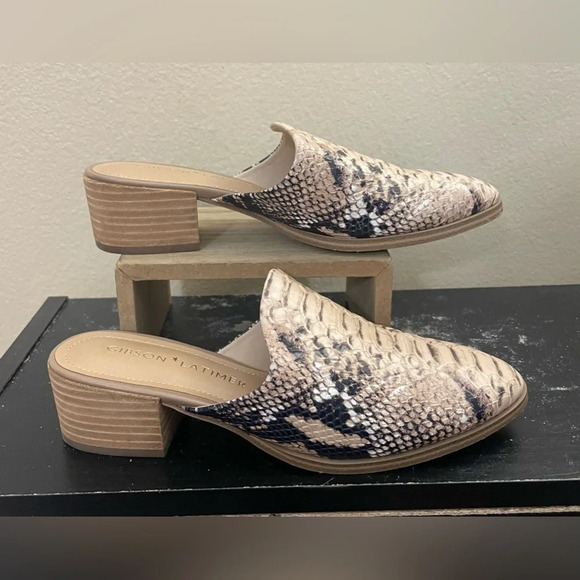 Gibson Latimer Goat Leather Snake Print Slip-On Mules Block Heel Office Chic 6.5 - Picture 1 of 9